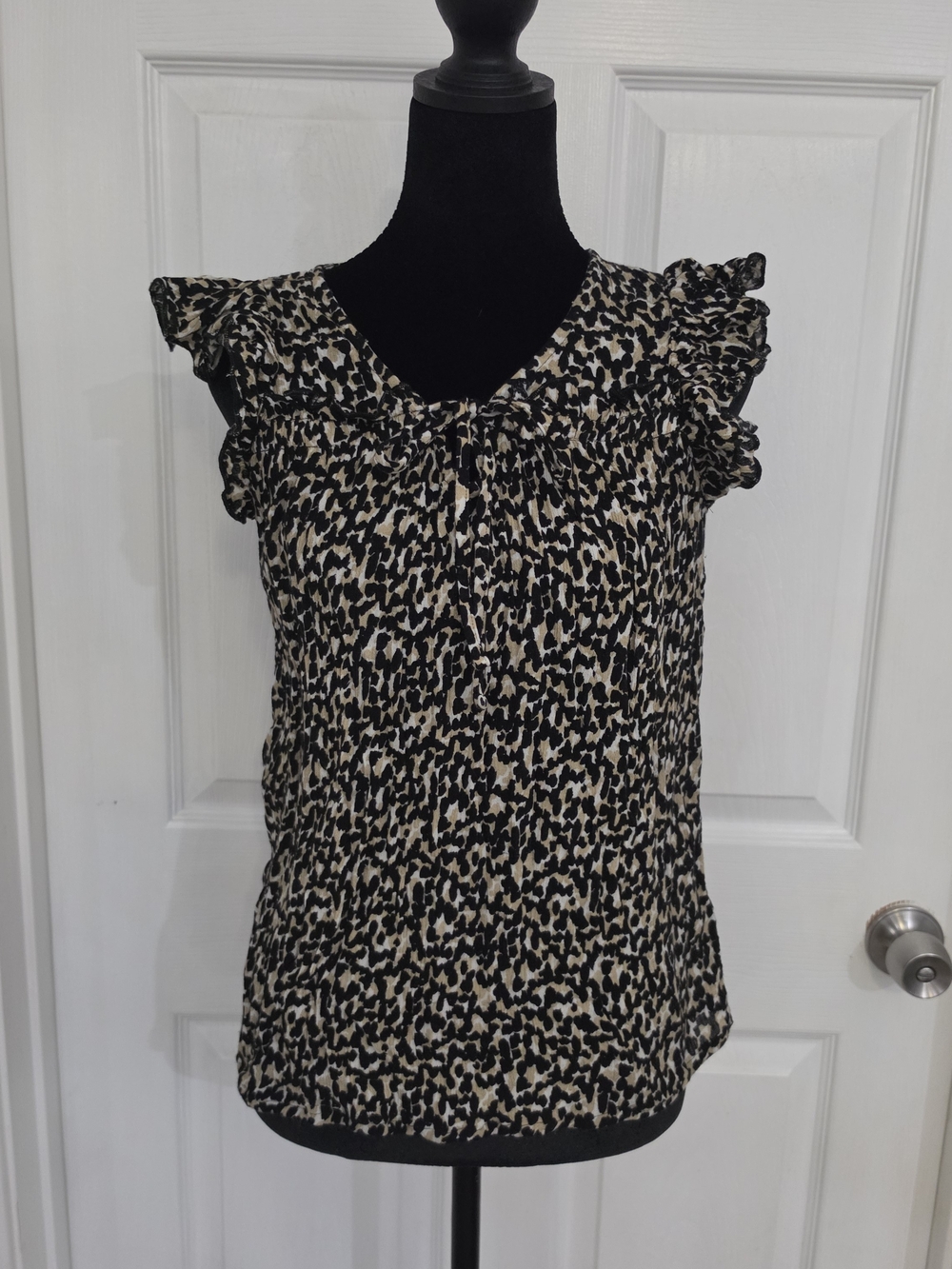 Old Navy Black and Beige Animal Print Ruffle Sleeve Blouse